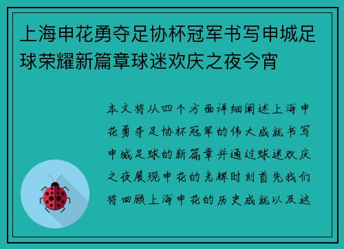 上海申花勇夺足协杯冠军书写申城足球荣耀新篇章球迷欢庆之夜今宵 上海申花勇夺足协杯冠军书写申城足球荣耀新篇章球迷欢庆之夜今宵