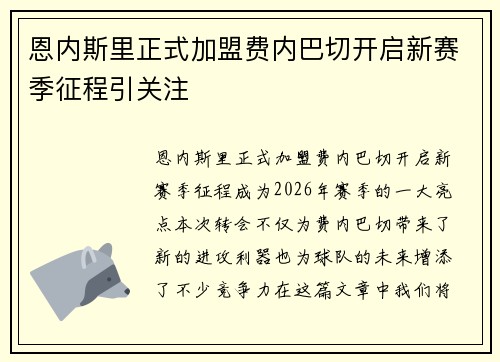 恩内斯里正式加盟费内巴切开启新赛季征程引关注