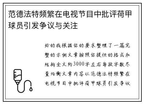 范德法特频繁在电视节目中批评荷甲球员引发争议与关注