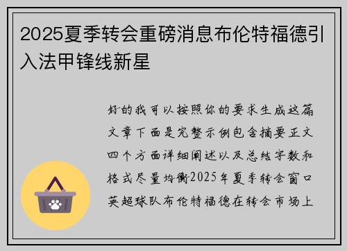 2025夏季转会重磅消息布伦特福德引入法甲锋线新星 2025夏季转会重磅消息布伦特福德引入法甲锋线新星